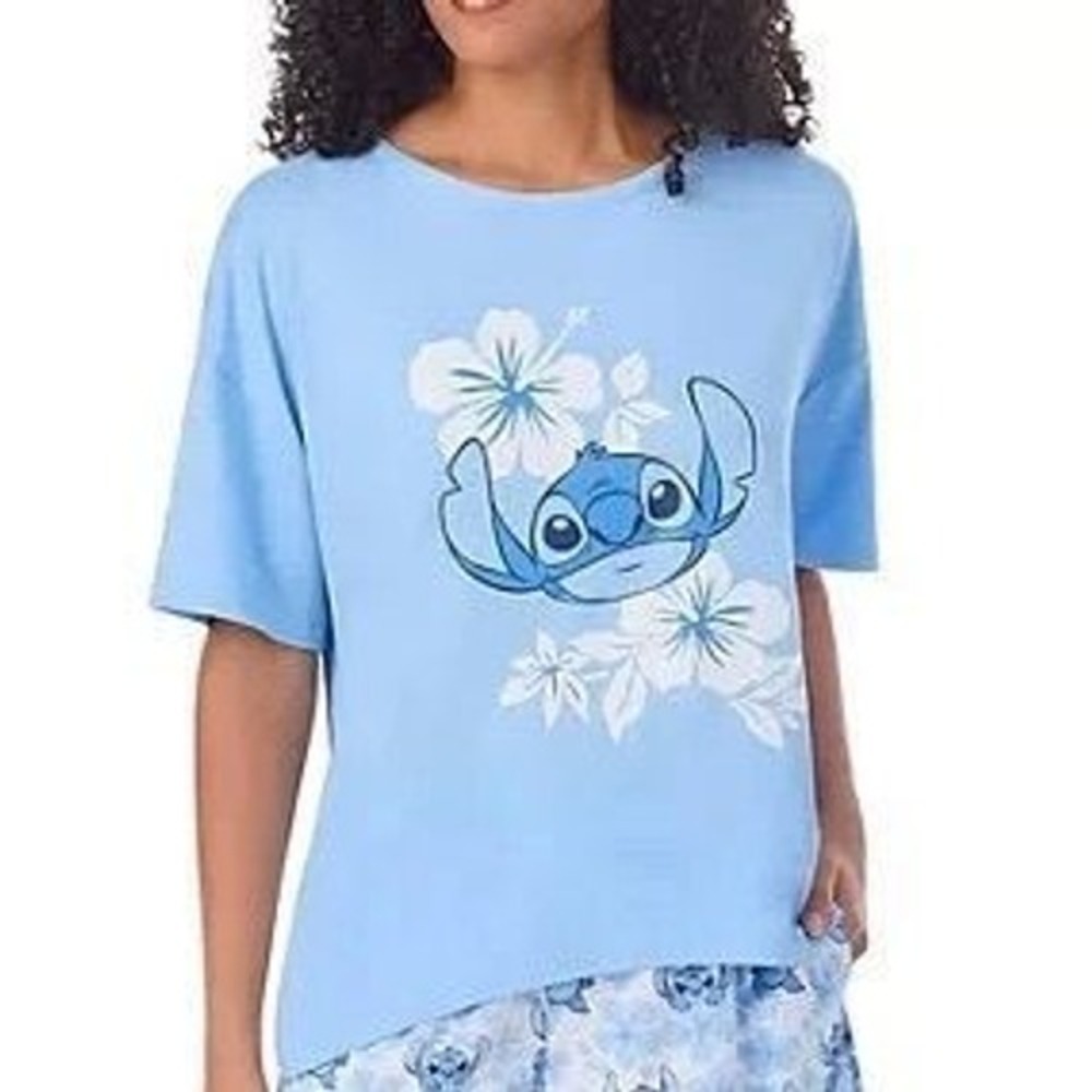 Disney Stitch Tee light-blue floral tropical graphic T-shirt Small